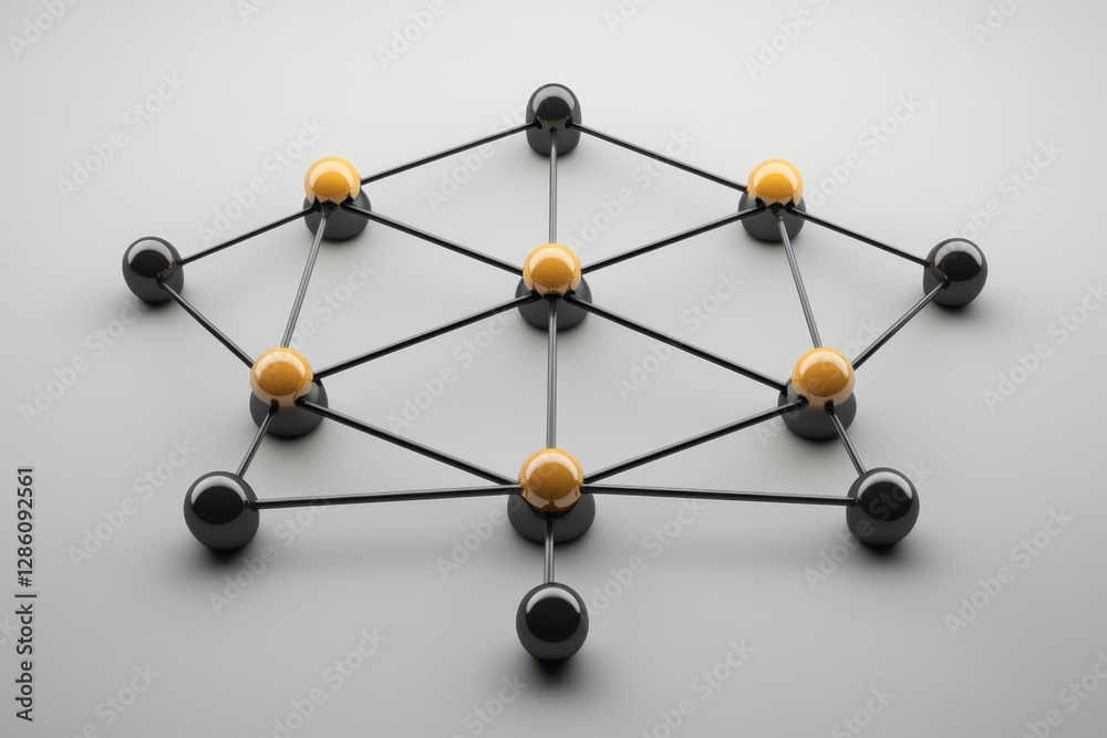 Poster connecting colors and shapes through a dynamic network of spheres and lines in a creative arrangemen