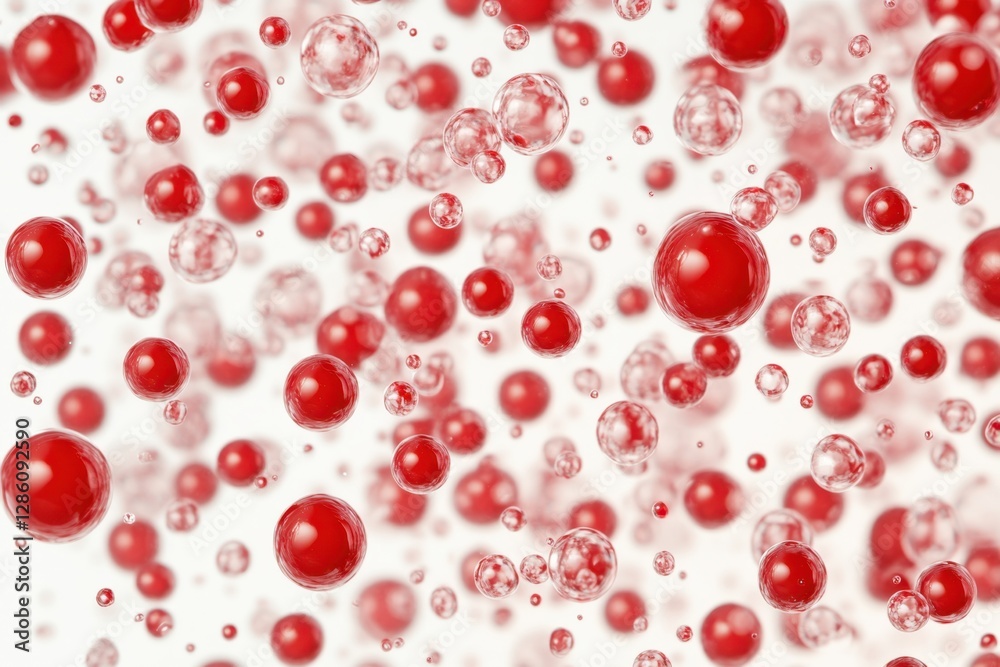 Poster red spheres and bubbles float in a translucent environment, creating a vibrant visual experience of 