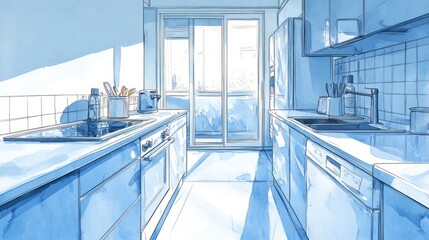 Fototapeta premium Modern kitchen in watercolor style with lots of sunlight