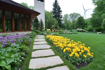 Obraz premium Colorful Flower Bed and Stone Pathway Leading to Modern Home in Lush Green Garden Landscape