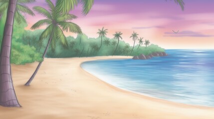 Obraz premium Serene Tropical Beach Sunset Illustration - Pastel Color Palettes: .
