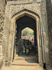 close view of Elephant Gate at shivneri fort vertiicle frame: Junnar-Pune, Maharashtra-India, 11.09.2024
