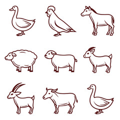 Black and White Farm Animal Icons Set