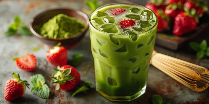 Iced matcha latte. Iced strawberry matcha latte with sprinkle of matcha powder. Pink matcha latte, pink matcha. Pink matcha ice latte. Vegan matcha, matcha green tea.