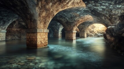Subterranean river flowing under ancient stone arches.