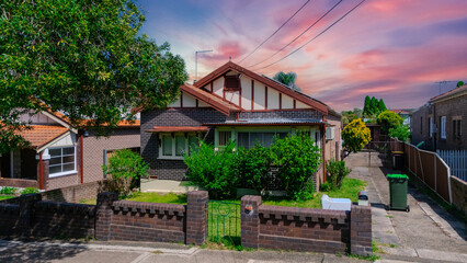Drone Aerial View of an inner western Sydney Suburban residential Brick house in Sydney  NSW Australia