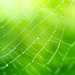 Dew Drops on Delicate Spider Web in Natural Green Background with Soft Focus Effect