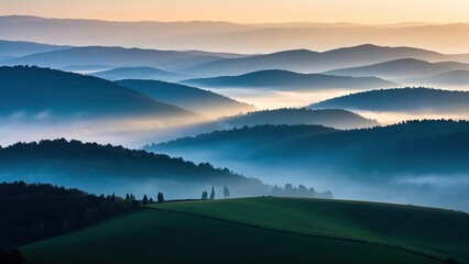 Obraz premium Mountain with multi layer foggy hills