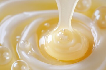 Golden honey drips elegantly into a bowl creating ripples of sweetness in a sunlit kitchen. Generative AI