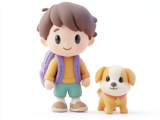 Happy Child with Backpack and Cartoon Dog Companion