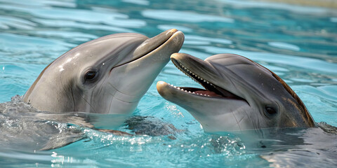 Naklejka premium Two dolphins are swimming together, displaying social behavior and interacting playfully. They are in a clear blue pool, enjoying the warm afternoon sun