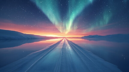 Aurora's Embrace: An ethereal dance of the aurora borealis paints the night sky above a snow-covered landscape, its vibrant hues reflected in the still waters below.
