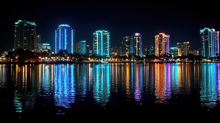 Naklejka premium Night City Skyline Reflected In Calm Water