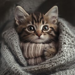 Adorable kitten wrapped in a cozy knitted blanket, peering with curious eyes, warm and snug.