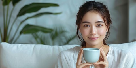 Smiling person enjoying blue matcha tea, Blue matcha latte, blue spirulina latte, matcha latte, matcha with oat milk, green tea matcha latte, Matcha latte tea, vegan matcha, matcha green tea