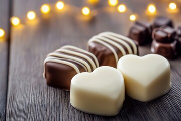 Assorted Chocolate Treats on Wooden Surface with Fairy Lights