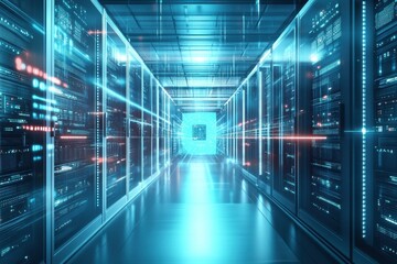 Fototapeta premium Modern data center corridor illuminated by futuristic technology in a high-tech environment. Generative AI