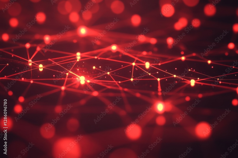 Poster Vibrant red network visual representation showcasing interconnected nodes and lines pulsating with energy at twilight. Generative AI