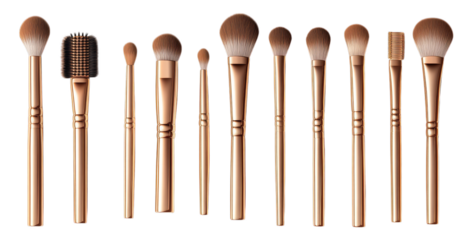 Set of eleven elegant rose gold makeup brushes for professional cosmetic application