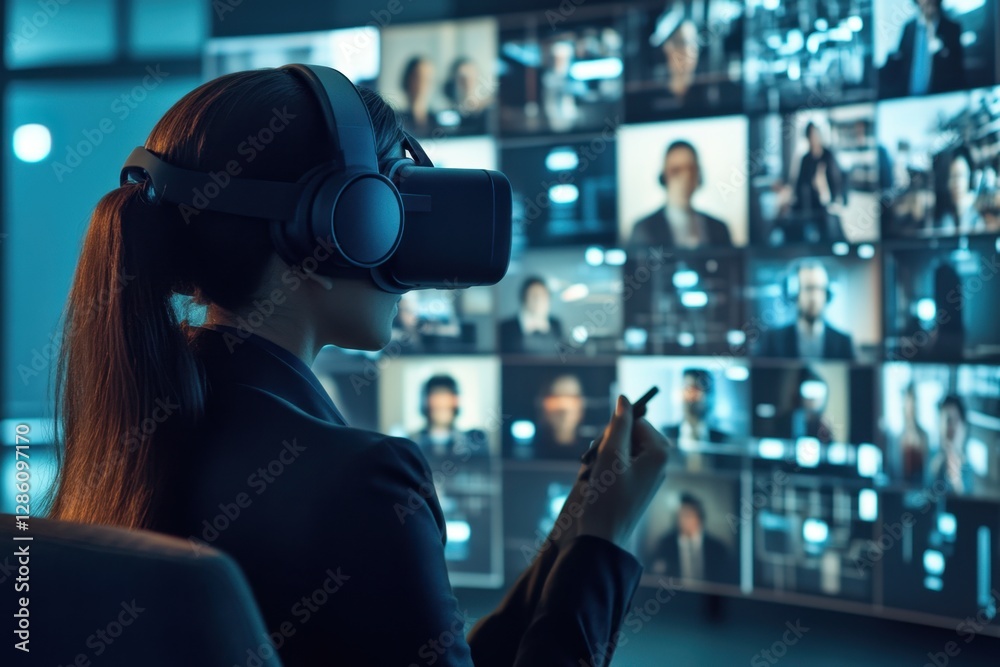 Poster exploring virtual worlds in a high-tech environment with immersive experiences and interactive inter