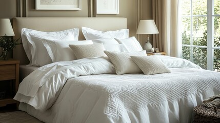 White Quilted Bedspread With Neutral Pillows And Soft Lighting