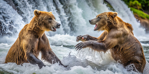 Obraz premium Two grizzly bears engage in a playful water fight, splashing each other joyfully in a river close to a scenic waterfall surrounded by lush greenery
