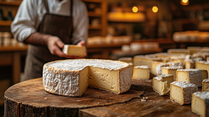 Artisanal cheese wheel being cut, revealing creamy texture and flavor. rustic setting enhances experience of cheese making and tasting