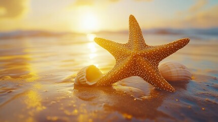 Golden sunset starfish and seashells on beach