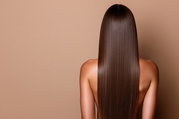 Fototapeta premium From behind, a sexy young Caucasian girl is observed playing with her long brown hair, molding it into a bob style on the back of her head