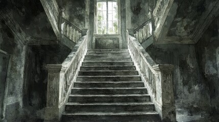 Fototapeta premium An aged staircase leads to a window illuminating the scene