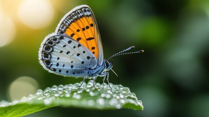 Delicate butterfly perched on dewy leaf, morning sunlight, lush green background