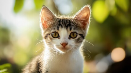Adorable kitten in sunlight with blurred green background, cute and curious expression.