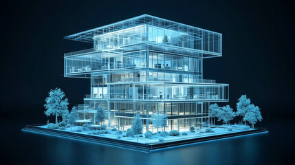 Three-story architectural building model with blueprint design, isometric view, white lines on dark blue background, 3D rendering with glass material, side lighting at 45 degrees, high resolution and 