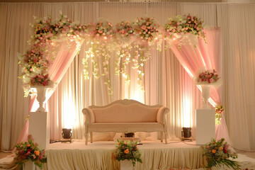 Elegant wedding backdrop with floral decorations, soft lighting, and a vintage sofa in a romantic setting