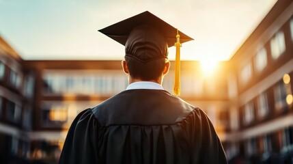 Silhouetted against a bright sunset, a male graduate anticipates his future, embodying hope and achievement through his graduation ceremony attire and cap.