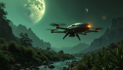 Obraz premium Alien Drone Landscape Night Exploring Distant World