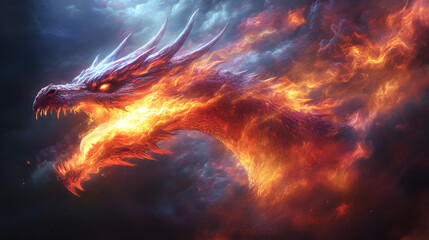 Fototapeta premium Fiery Dragon Unleashed: An awe-inspiring, mythical dragon, rendered with stunning detail, exhales flames against a dramatic, smoky backdrop, evoking power and fantasy.