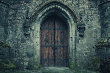 Fototapeta premium Weathered wooden door in an old stone fortress with gothic architecture