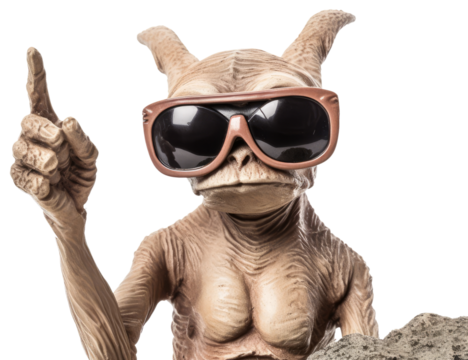 Funny Realistic Alien with Sunglasses Showing Finger up Gesture on Transparent Background