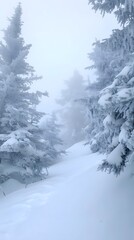 A serene winter scene:  Snow-dusted pines frame a path through the woods. Misty mountain trail, completely covered in snow.