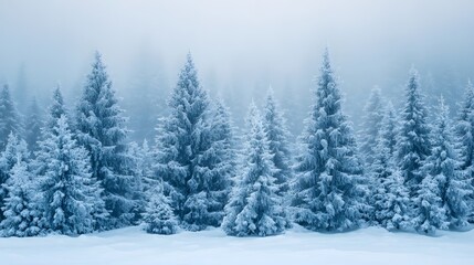 Fototapeta premium Lost in the fog, the forest whispers secrets of the cold. A breathtaking panorama