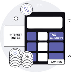 Financial Calculation Concept with Calculator, Gold Coins, and Percentage Symbol Representing Tax, Interest Rates, and Money Management 2.eps