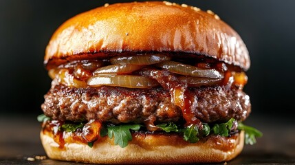 This image features a delicious gourmet burger stacked with fresh toppings and a hint of smoke, making it an appetizing focal point for food lovers and culinary enthusiasts.