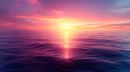Fototapeta premium Ocean Sunset: A breathtaking ocean sunset, the sky ablaze with vibrant hues of pink and orange, casting a shimmering path of light across the calm water. 