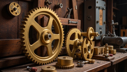 Obraz premium Golden gears arranged on a workbench in a workshop