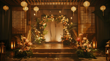Elegant floral stage setup with soft lighting, lanterns, and decorative plants for an event