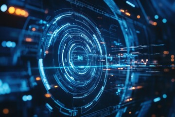 Glowing digital interface showcasing futuristic technology in a high-tech setting during a late-night ambiance. Generative AI