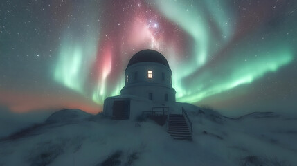 Observatory under Aurora: An observatory stands silhouetted against a mesmerizing display of the aurora borealis, its dome a beacon under the vibrant, celestial dance of lights.