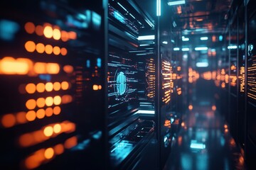 Naklejka premium Futuristic data center illuminated with vibrant orange lights creating a mesmerizing tech atmosphere. Generative AI