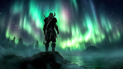Warrior Contemplates Northern Lights: A solitary warrior stands silhouetted, gazing at the ethereal dance of the aurora borealis, set against a landscape of mystery and wonder.